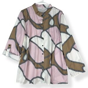Womens Button Down Top Size 2XL Colorblock Chain Print Pink Tan White Roll Tab